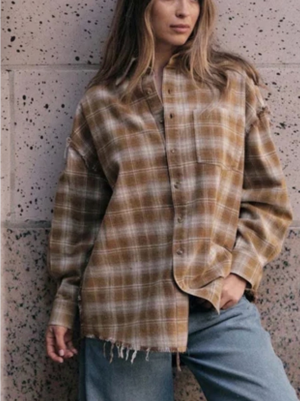 Promesa brown and Cream grunge era oversized raw edge flannel shirt - small